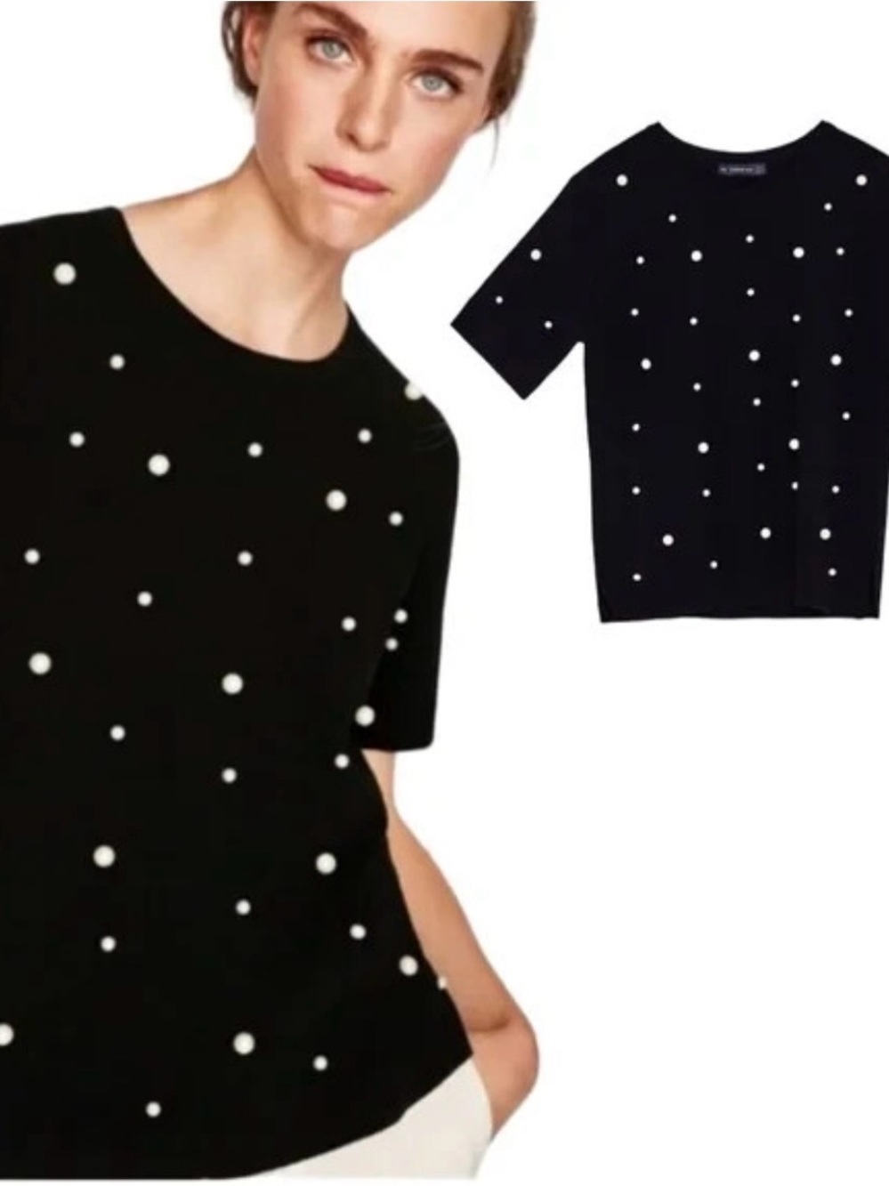 Zara Embellished Pearl Bead Knit Tshirt Black Crew Neck
